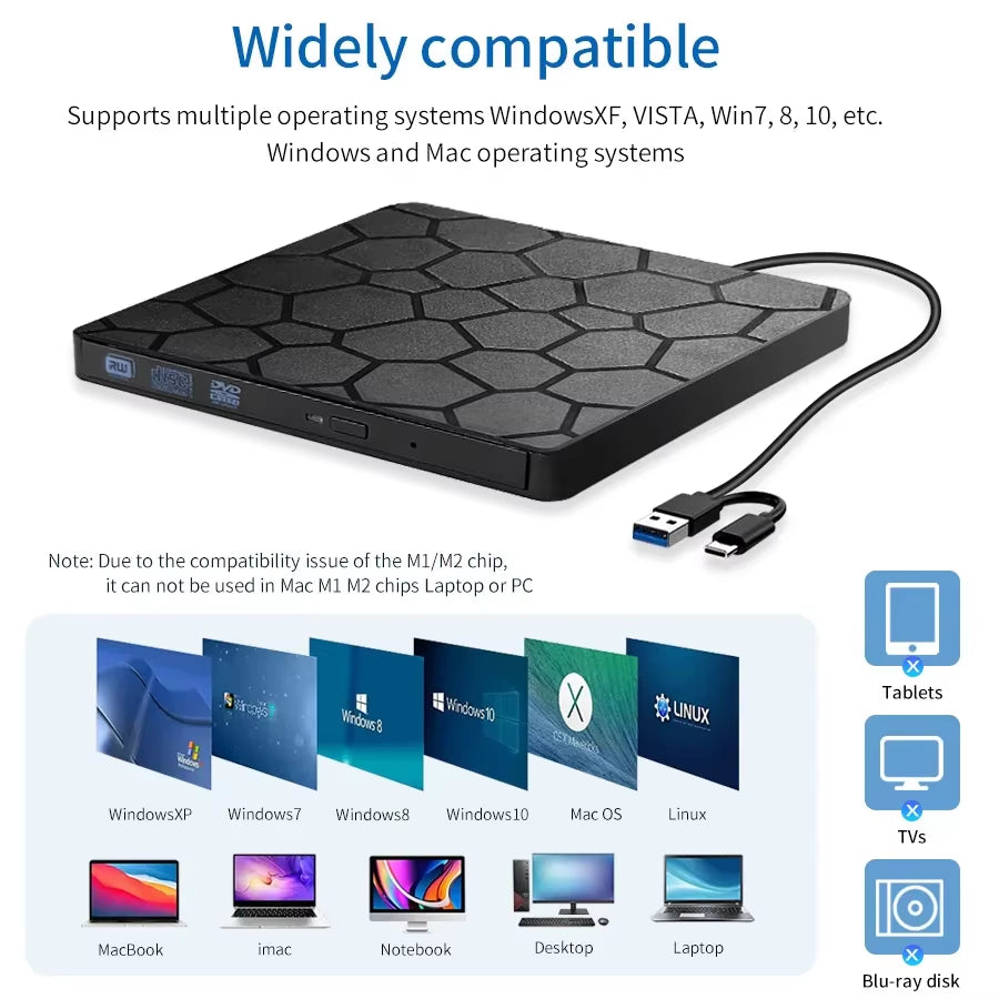 External DVD RW Drive USB 3.0 Type C 2 in 1 Interface Slim DVD CD Writer Burner Reader Player Optical Drive for Laptop PC